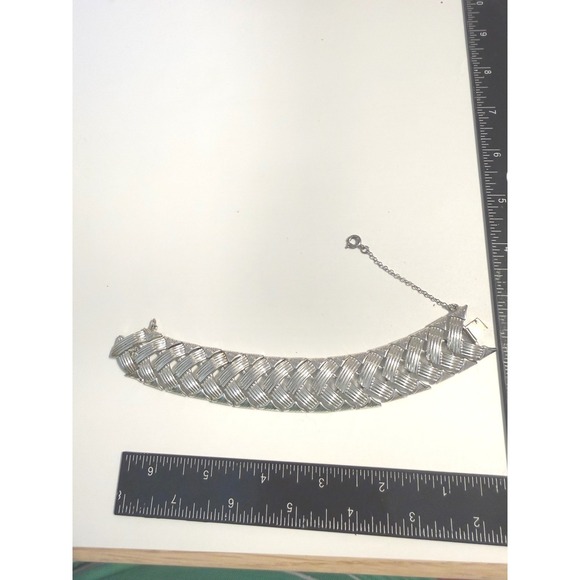 Coro Jewelry - Vintage Coro Silver Tone Basketweave Wide Link Bracelet Safety Chain Mid Century